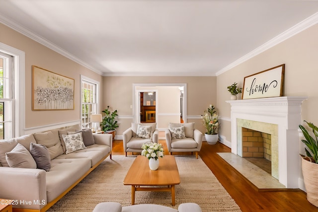 living room featuring ornamental molding, hardwood / wood-style floors, and a fireplace