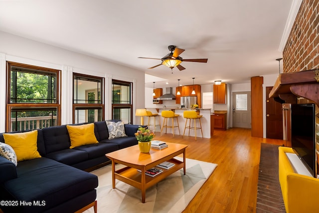 living room featuring ceiling fan and light hardwood / wood-style flooring