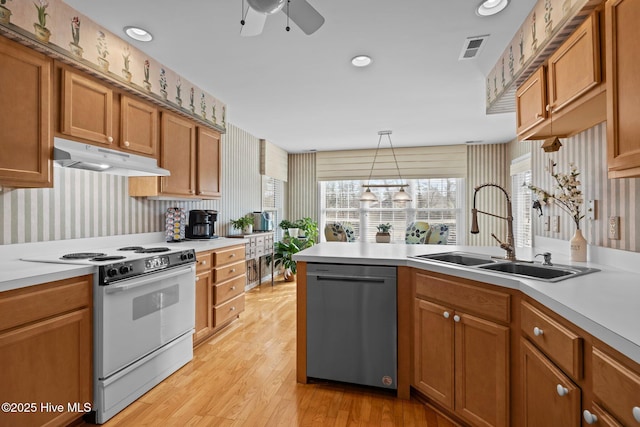 kitchen with sink, light wood-type flooring, electric range, stainless steel dishwasher, and pendant lighting