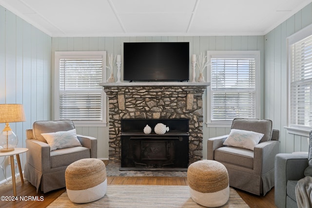 living room with a stone fireplace and light hardwood / wood-style flooring