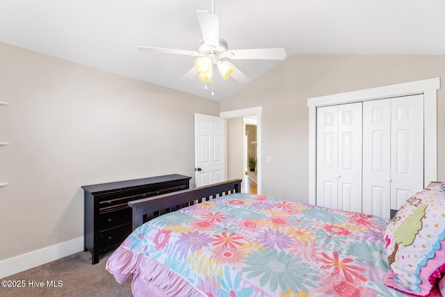 bedroom with vaulted ceiling, carpet floors, ceiling fan, and a closet