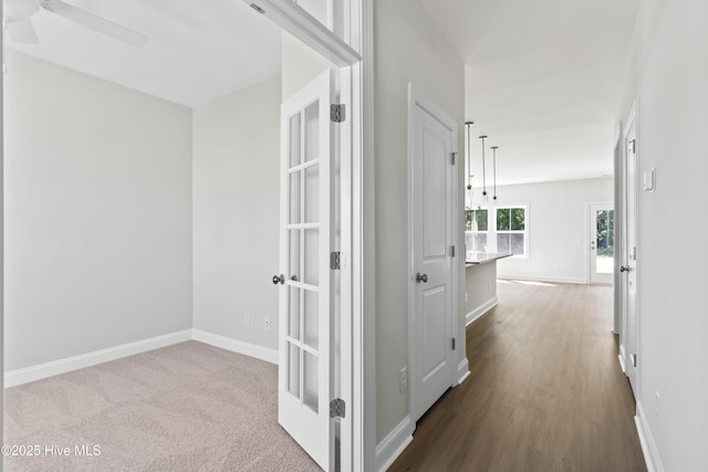 hall featuring french doors and carpet