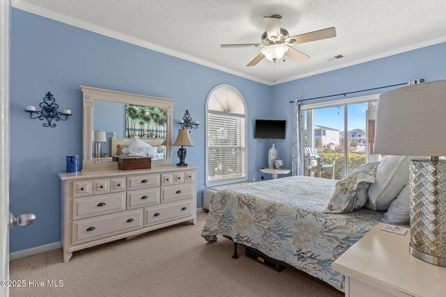 carpeted bedroom with crown molding, ceiling fan, access to exterior, and a textured ceiling