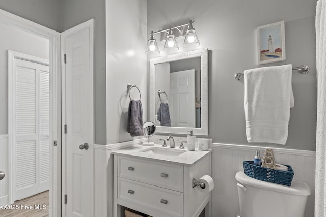 bathroom with vanity, wood-type flooring, and toilet