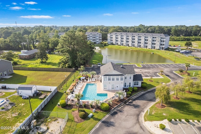 aerial view featuring a water view