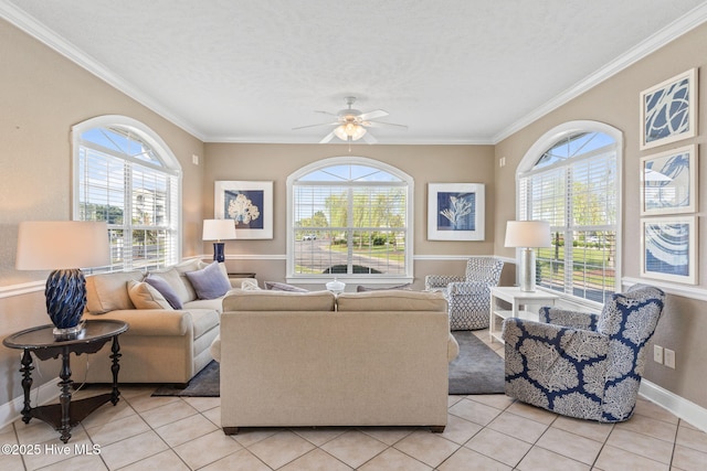 living room featuring crown molding, light tile patterned flooring, and a textured ceiling