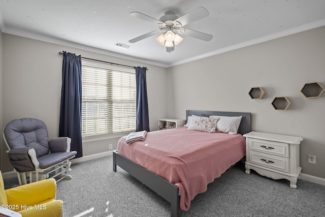 bedroom featuring crown molding, ceiling fan, and carpet