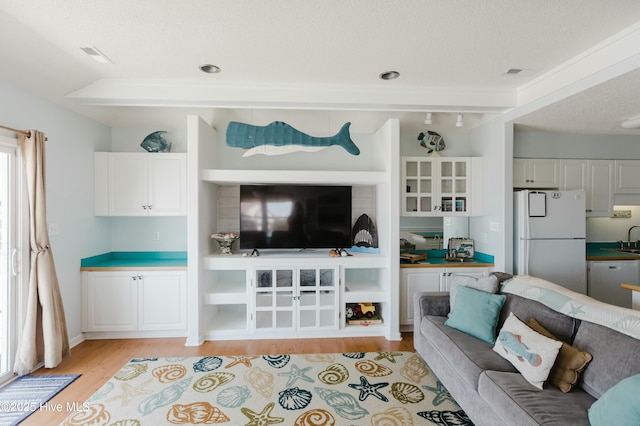 living room with sink, a textured ceiling, and light hardwood / wood-style flooring