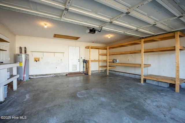 garage with a garage door opener and water heater