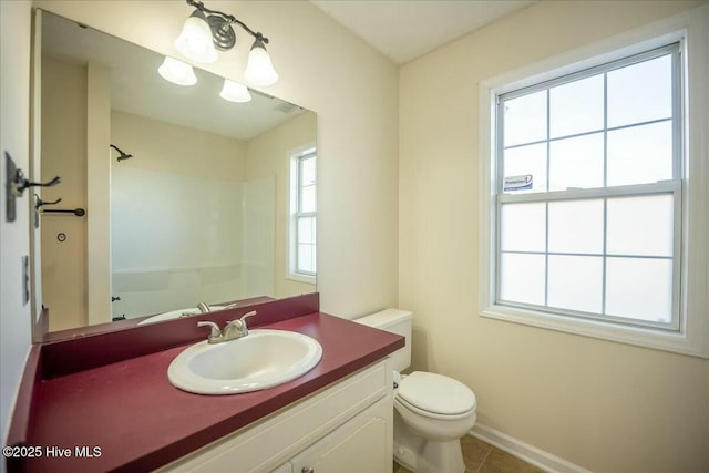 bathroom featuring vanity, toilet, and tile patterned flooring