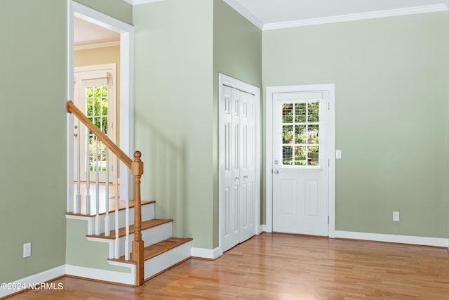 entryway featuring crown molding, a healthy amount of sunlight, and light wood-type flooring