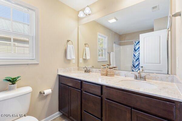 bathroom featuring vanity, toilet, and walk in shower