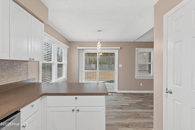 kitchen with tasteful backsplash, white cabinetry, dishwasher, and pendant lighting