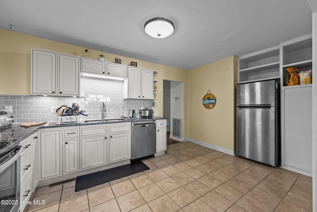 kitchen featuring white cabinetry, sink, backsplash, light tile patterned floors, and stainless steel appliances