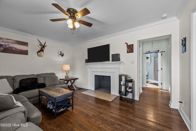 living room with ornamental molding, a barn door, and dark hardwood / wood-style flooring