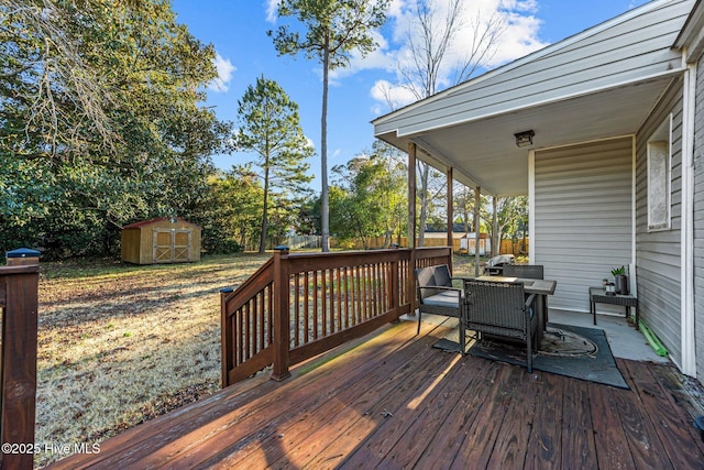 wooden deck with a storage unit