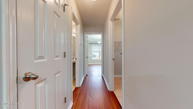 hallway with dark wood-type flooring