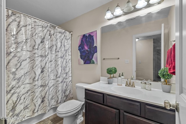 full bathroom featuring shower / bathtub combination with curtain, vanity, and toilet