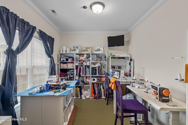 home office with crown molding and a textured ceiling