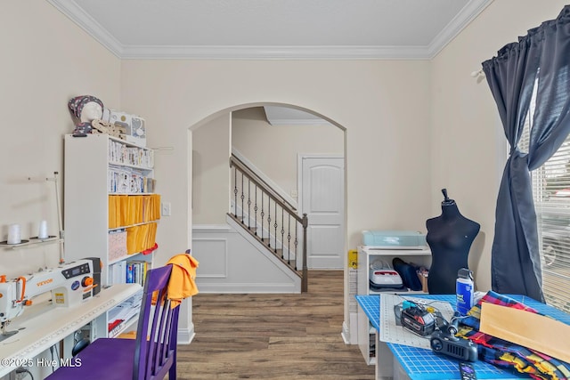 rec room with crown molding and wood-type flooring