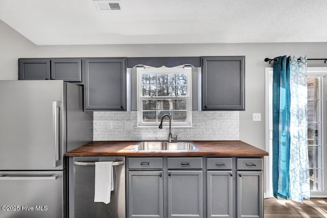 kitchen featuring wood counters, stainless steel appliances, sink, and gray cabinetry