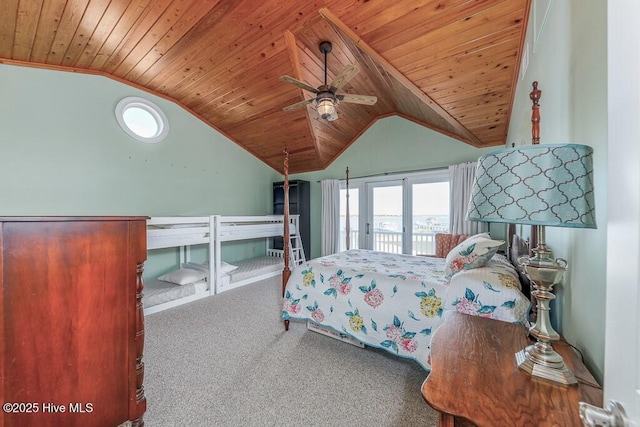 bedroom with carpet floors, wood ceiling, access to outside, and lofted ceiling