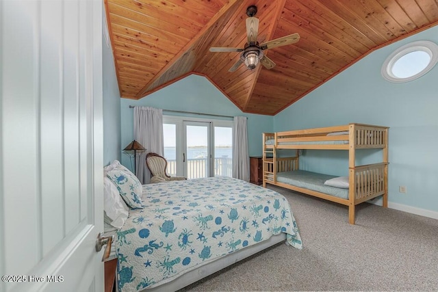 bedroom with lofted ceiling, wood ceiling, access to outside, ceiling fan, and carpet