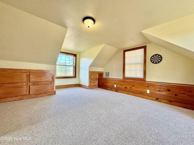 bonus room with lofted ceiling, carpet floors, a textured ceiling, and wood walls