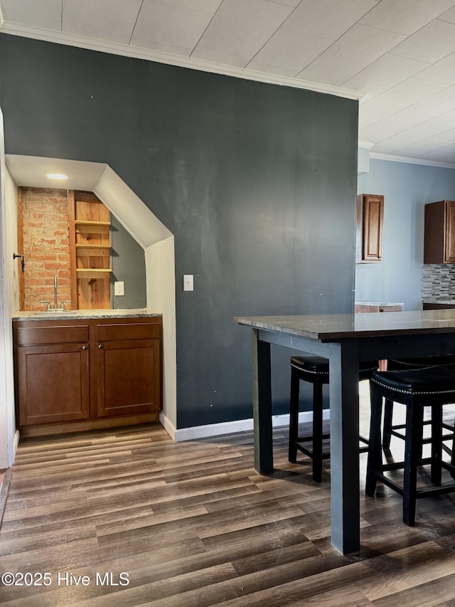 bar featuring tasteful backsplash, sink, ornamental molding, and dark hardwood / wood-style floors