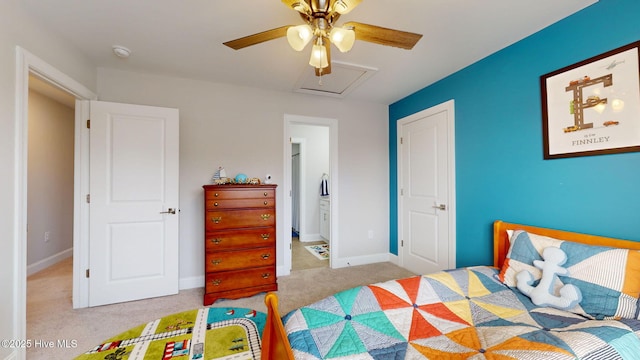 bedroom featuring light colored carpet and ceiling fan