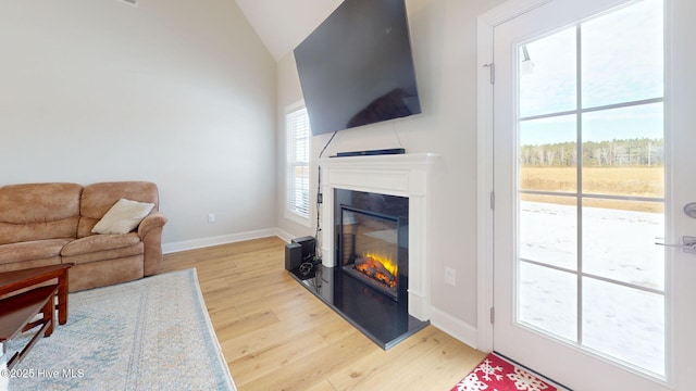 living room with lofted ceiling and light wood-type flooring