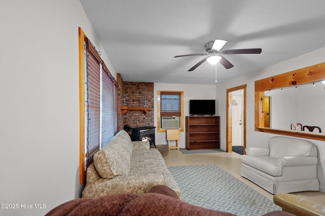 living room with concrete flooring and ceiling fan