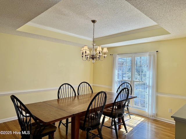 dining space featuring a tray ceiling, plenty of natural light, and wood finished floors