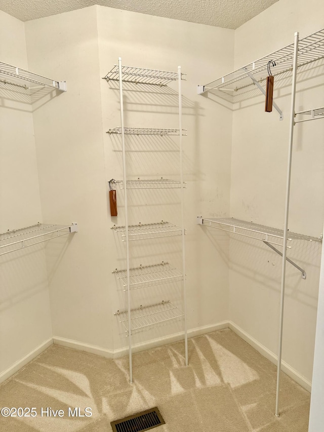 walk in closet with light colored carpet and visible vents