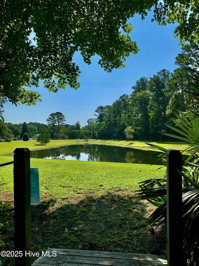 view of property's community featuring a water view and a yard