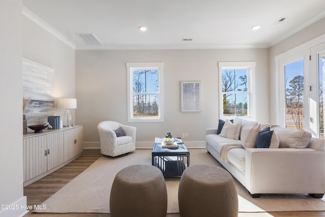 living room featuring crown molding and light hardwood / wood-style floors