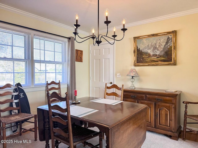 carpeted dining area with a notable chandelier and crown molding