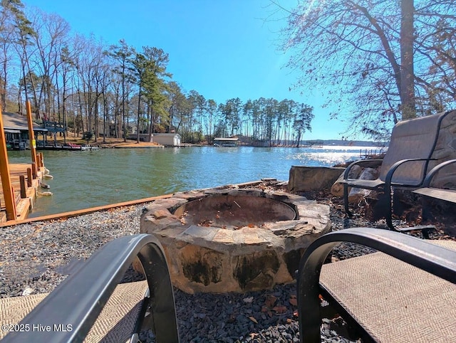 view of water feature featuring a fire pit