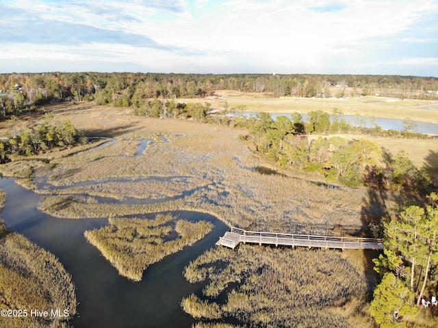 aerial view with a water view and a wooded view