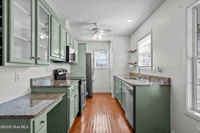 kitchen with sink, green cabinets, and appliances with stainless steel finishes