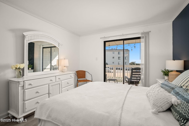 bedroom featuring access to outside and crown molding