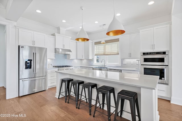 740 Waterstone Dr, Wilmington, NC 28411 - kitchen with stainless steel appliances, under cabinet range hood, light countertops, white cabinetry, and recessed lighting