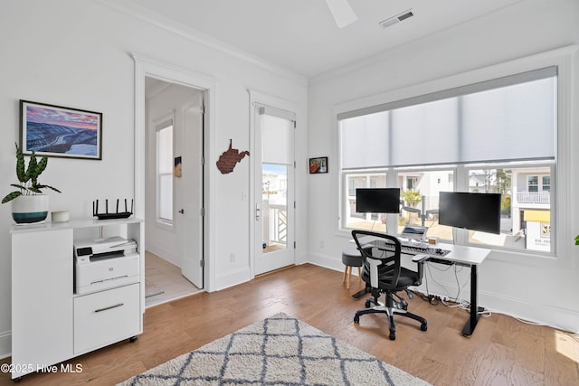 740 Waterstone Dr, Wilmington, NC 28411 - home office with wood finished floors, baseboards, and a ceiling fan