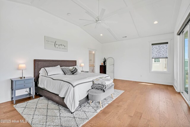 740 Waterstone Dr, Wilmington, NC 28411 - bedroom featuring lofted ceiling, light wood-type flooring, baseboards, ceiling fan, and recessed lighting