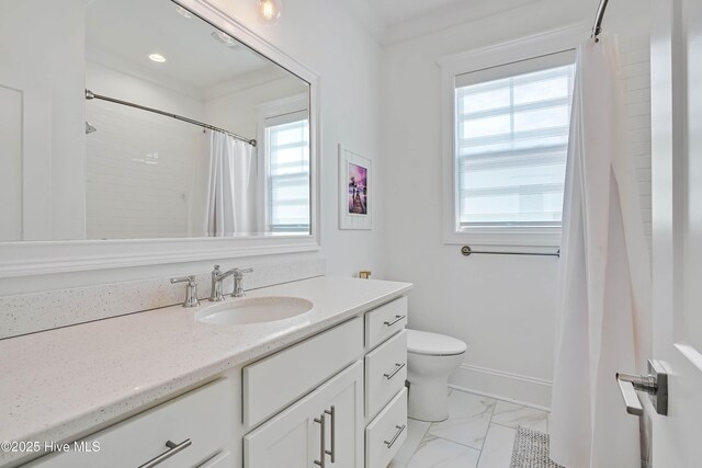 740 Waterstone Dr, Wilmington, NC 28411 - bathroom with vanity, marble look tiles, toilet, a shower with curtain, and baseboards