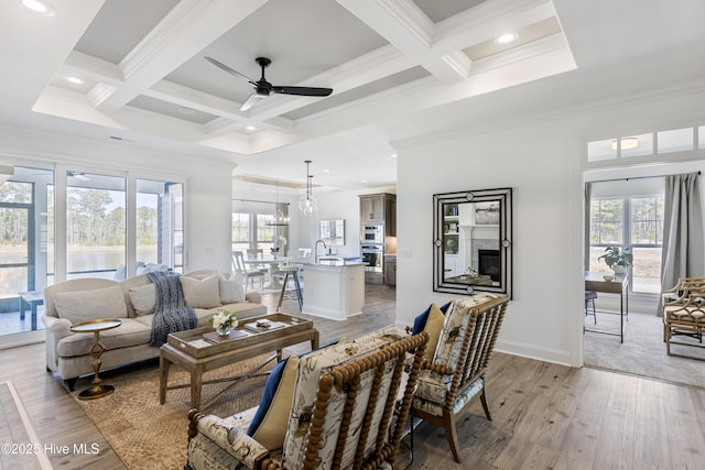 living room with a healthy amount of sunlight, ceiling fan, and coffered ceiling