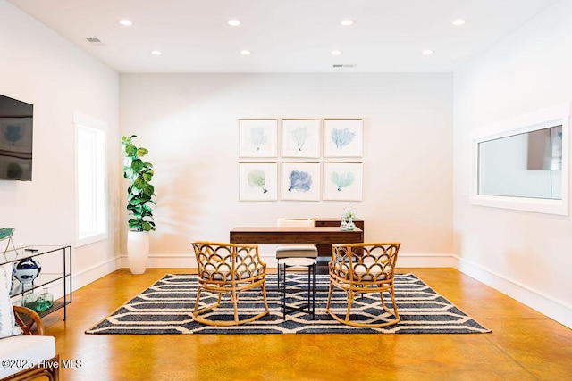 home office featuring baseboards, visible vents, and recessed lighting