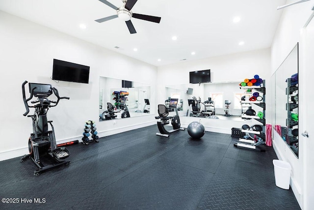 workout area with a ceiling fan and recessed lighting