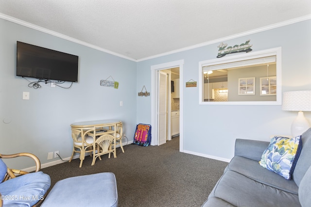 carpeted living room with crown molding and a textured ceiling