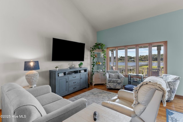 living area featuring high vaulted ceiling and wood finished floors